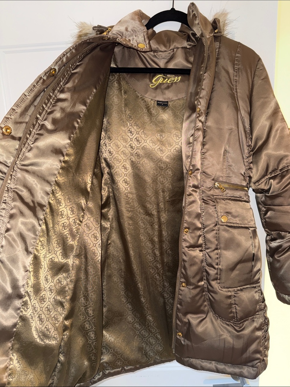 Guess Brown Quilted Puffer Parka with Faux-Fur Trim Hood - Picture 3 of 8
